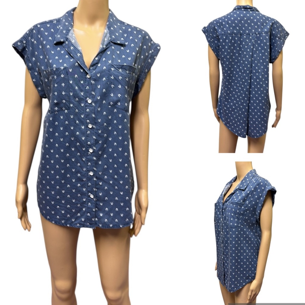 Jachs Girlfriend Tencel Arrow Printed Chambray Button Up Double Pocket Shirt M